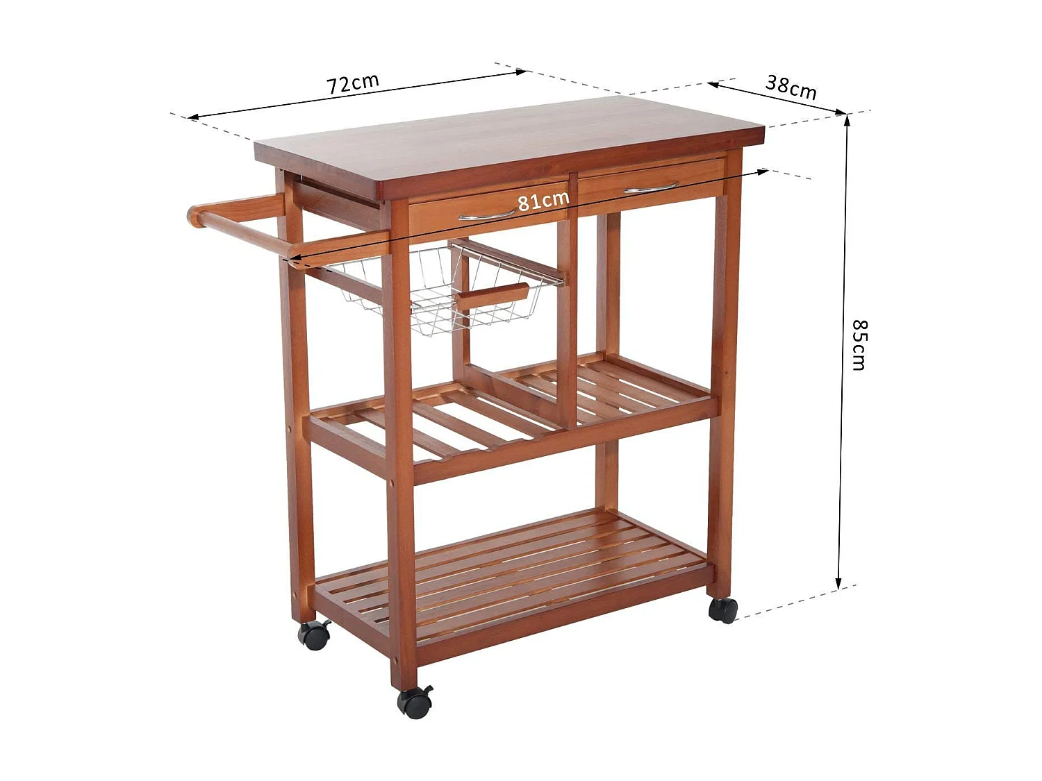 Carrello portata da cucina con portabottiglie legno di pino legno