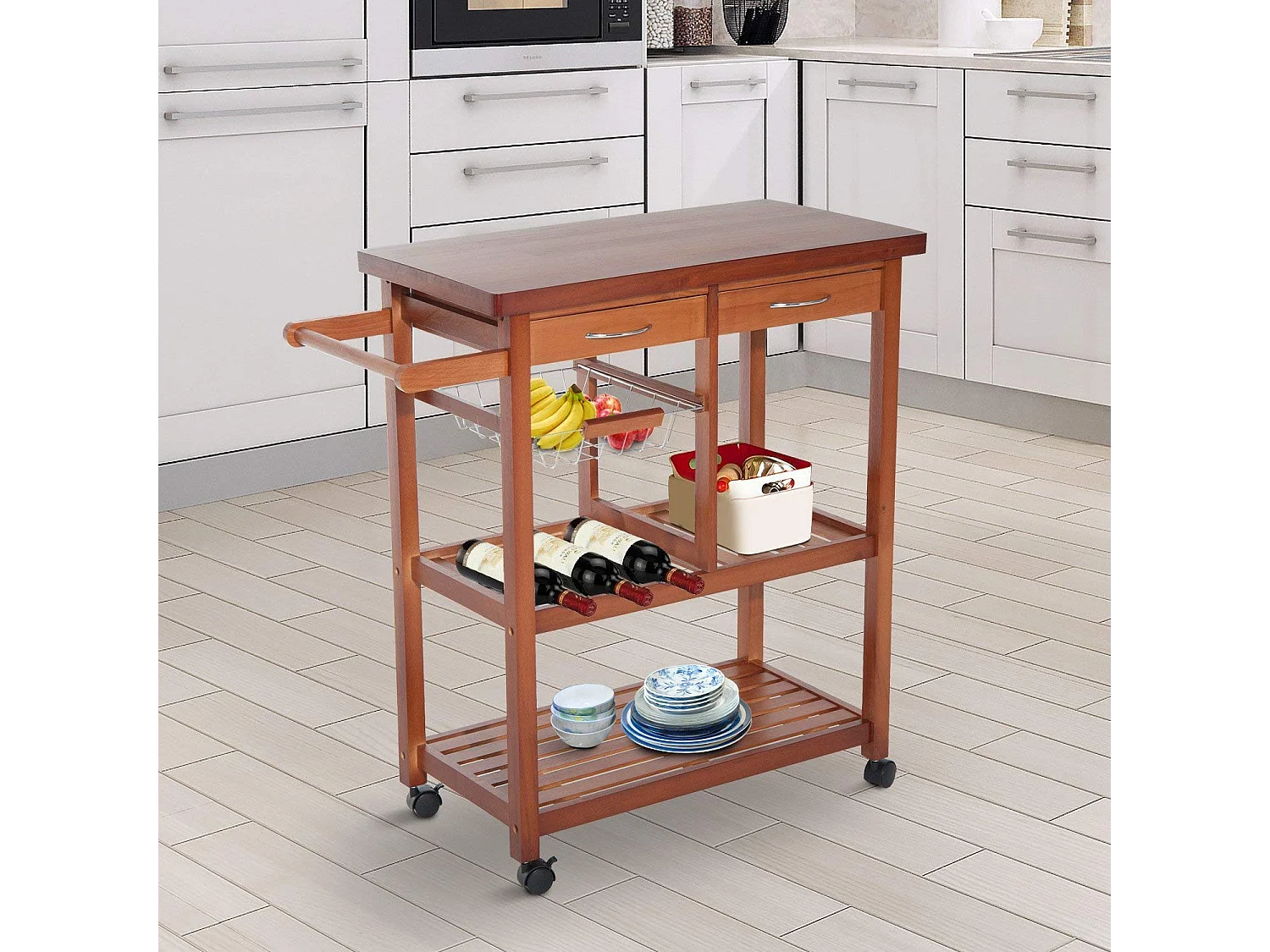 Carrello portata da cucina con portabottiglie legno di pino legno