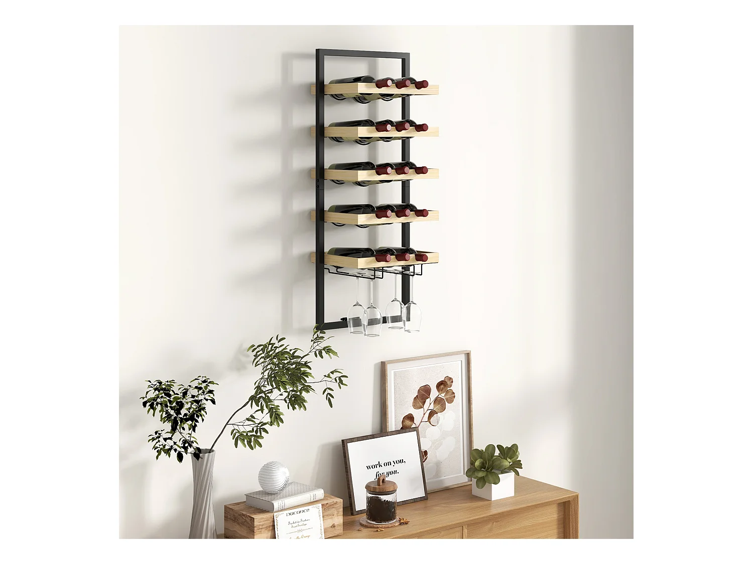 Portabottiglie da parete per 15 bottiglie e 4 calici legno e acciaio