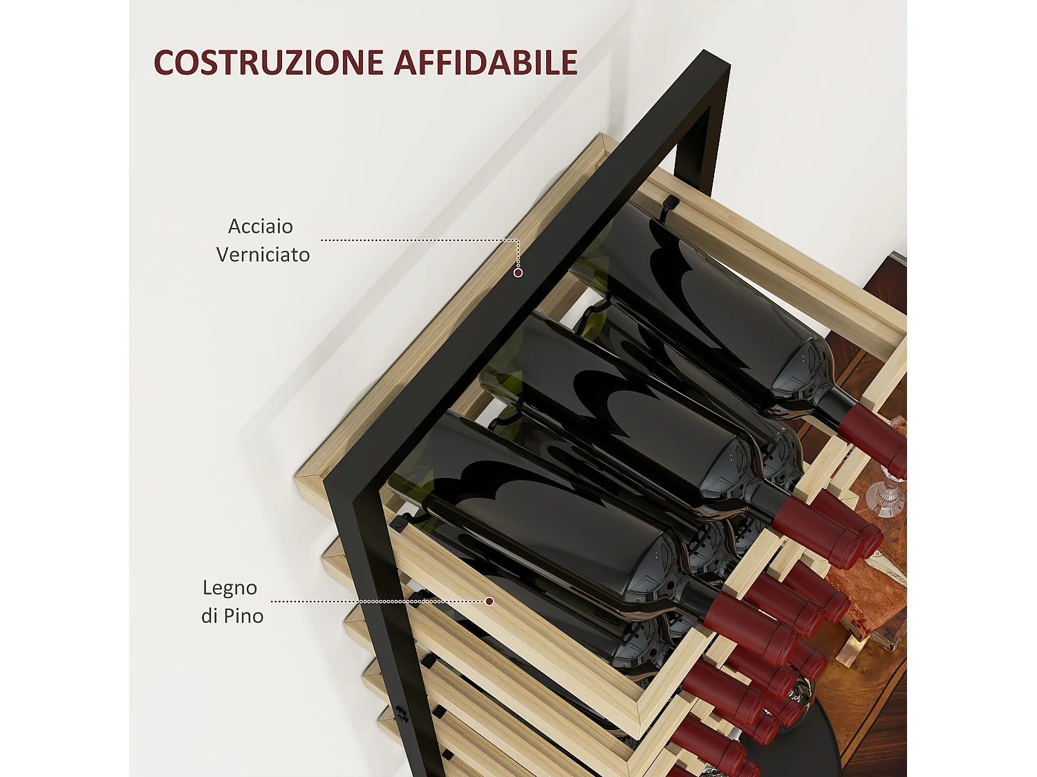 Portabottiglie da parete per 15 bottiglie e 4 calici legno e acciaio