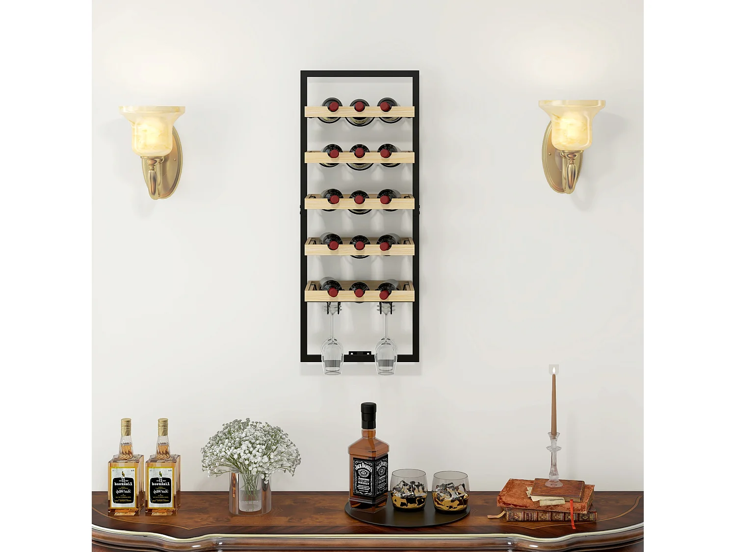 Portabottiglie da parete per 15 bottiglie e 4 calici legno e acciaio