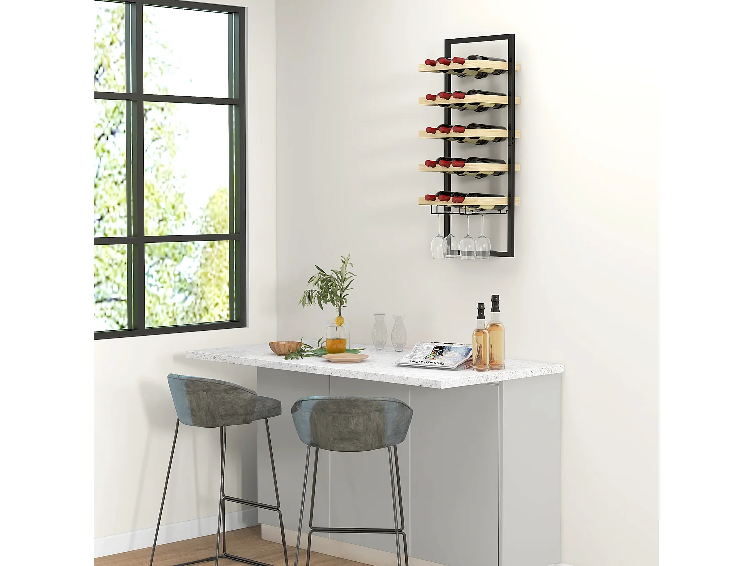 Portabottiglie da parete per 15 bottiglie e 4 calici legno e acciaio