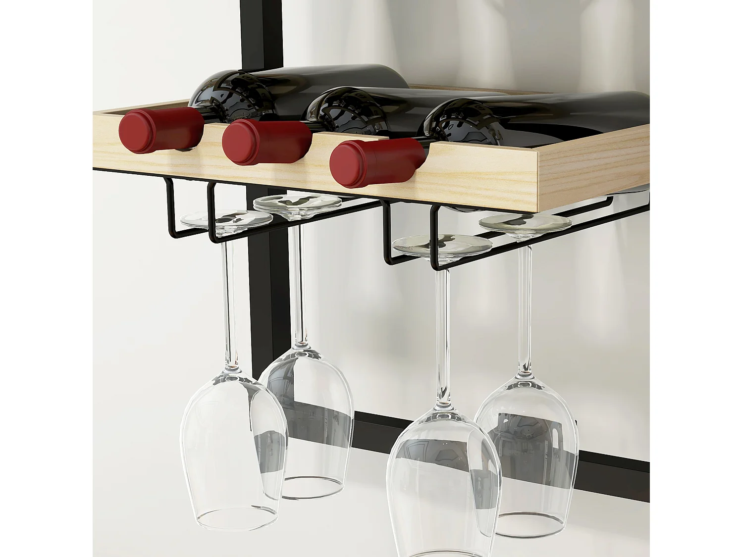 Portabottiglie da parete per 15 bottiglie e 4 calici legno e acciaio