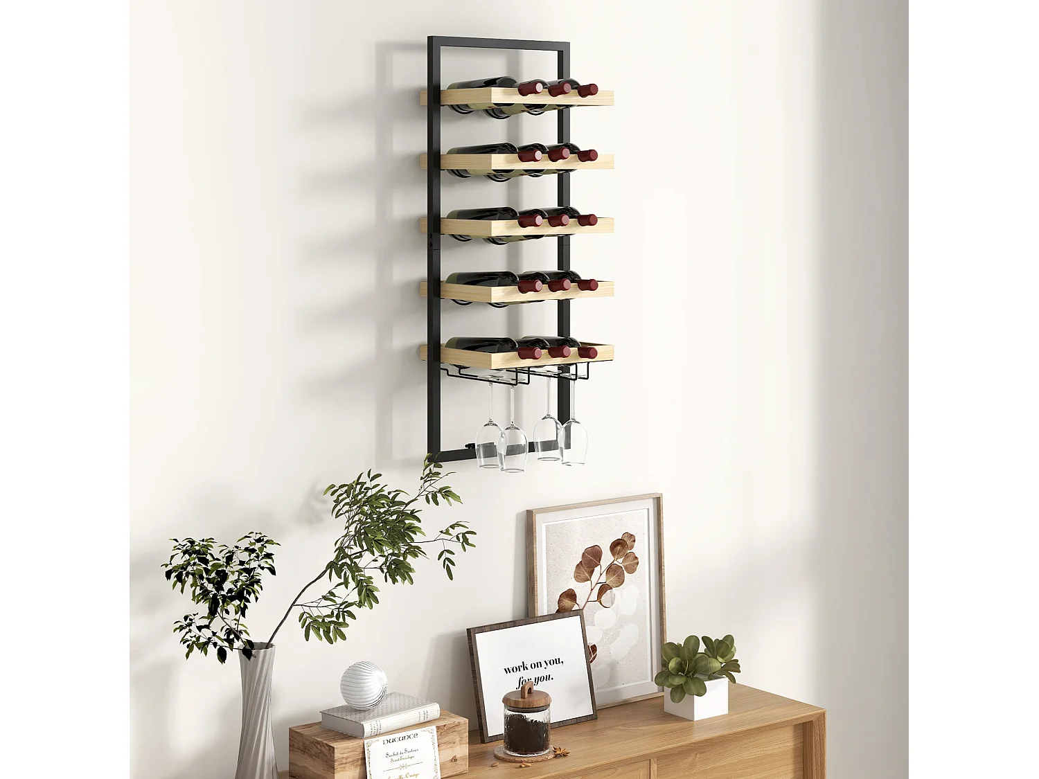 Portabottiglie da parete per 15 bottiglie e 4 calici legno e acciaio