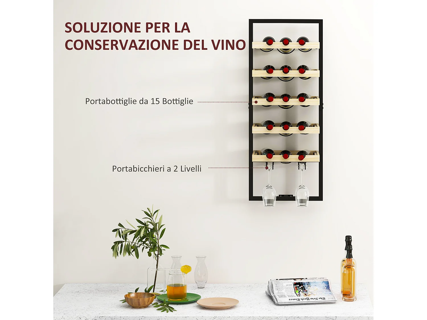 Portabottiglie da parete per 15 bottiglie e 4 calici legno e acciaio