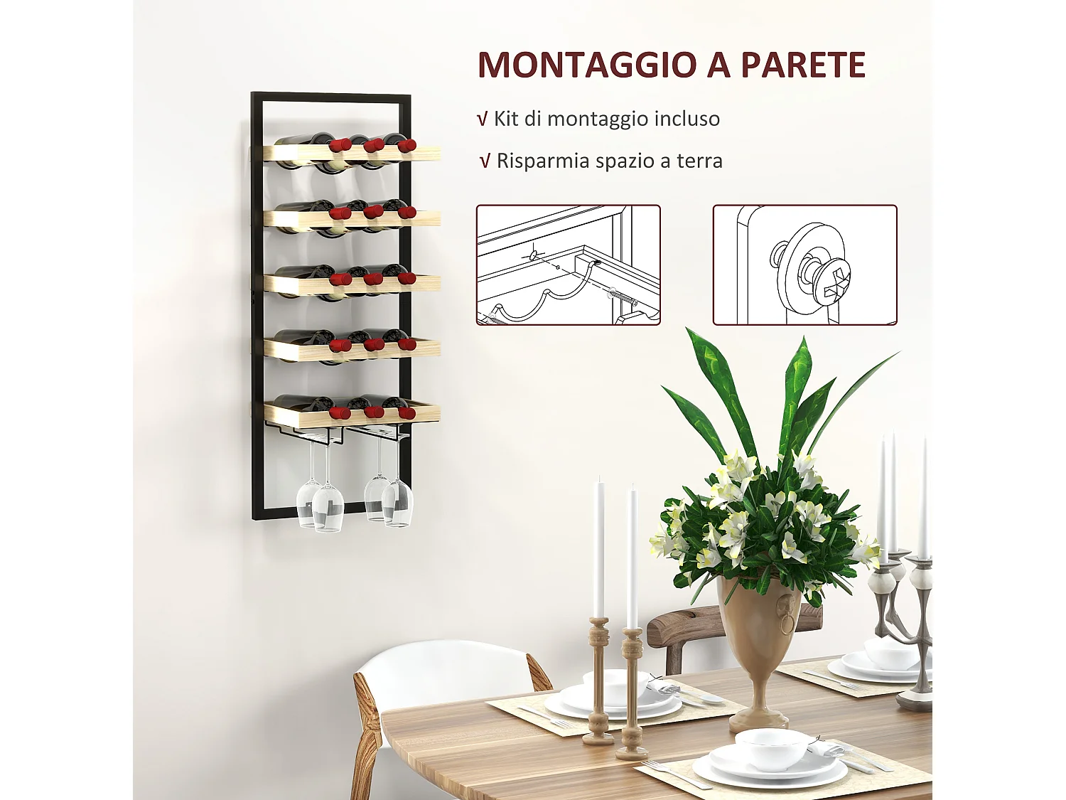 Portabottiglie da parete per 15 bottiglie e 4 calici legno e acciaio