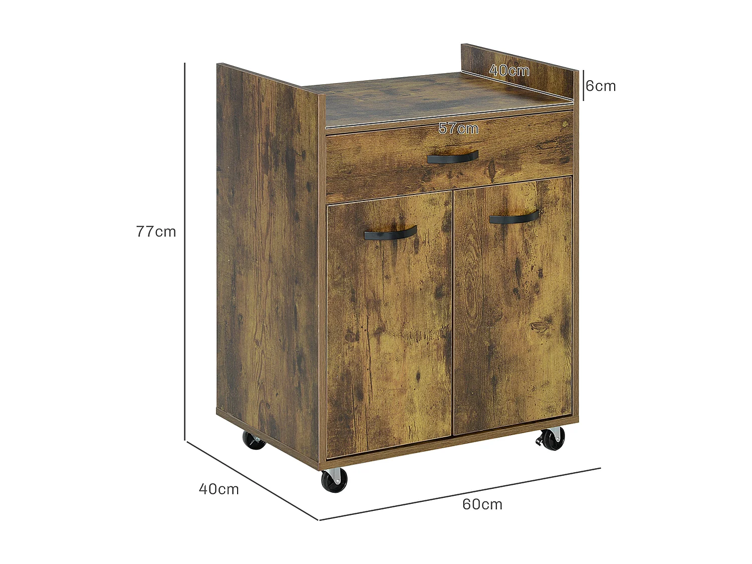 Carrello da cucina con cassetto e armadietto in legno marrone rustico