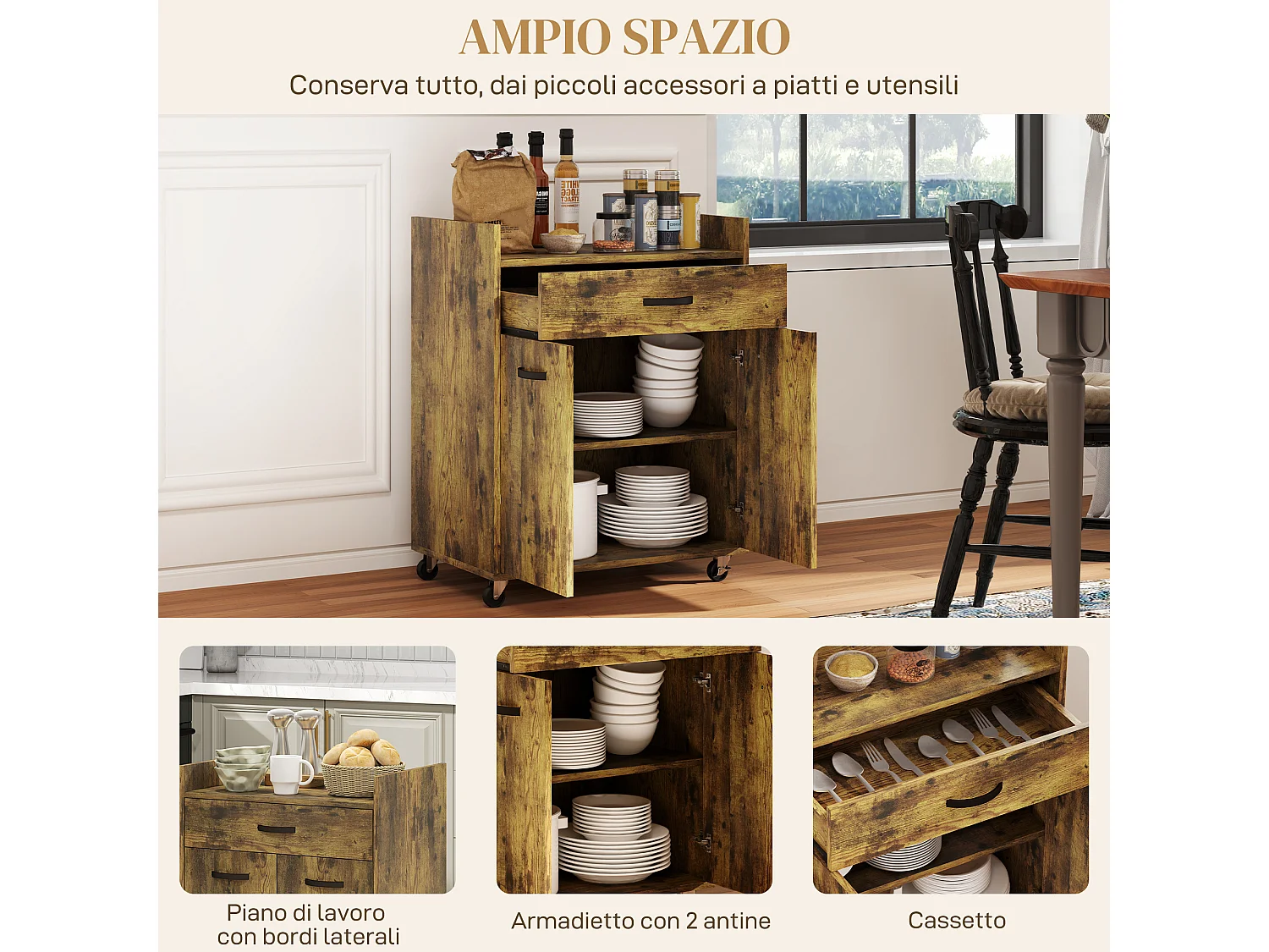 Carrello da cucina con cassetto e armadietto in legno marrone rustico