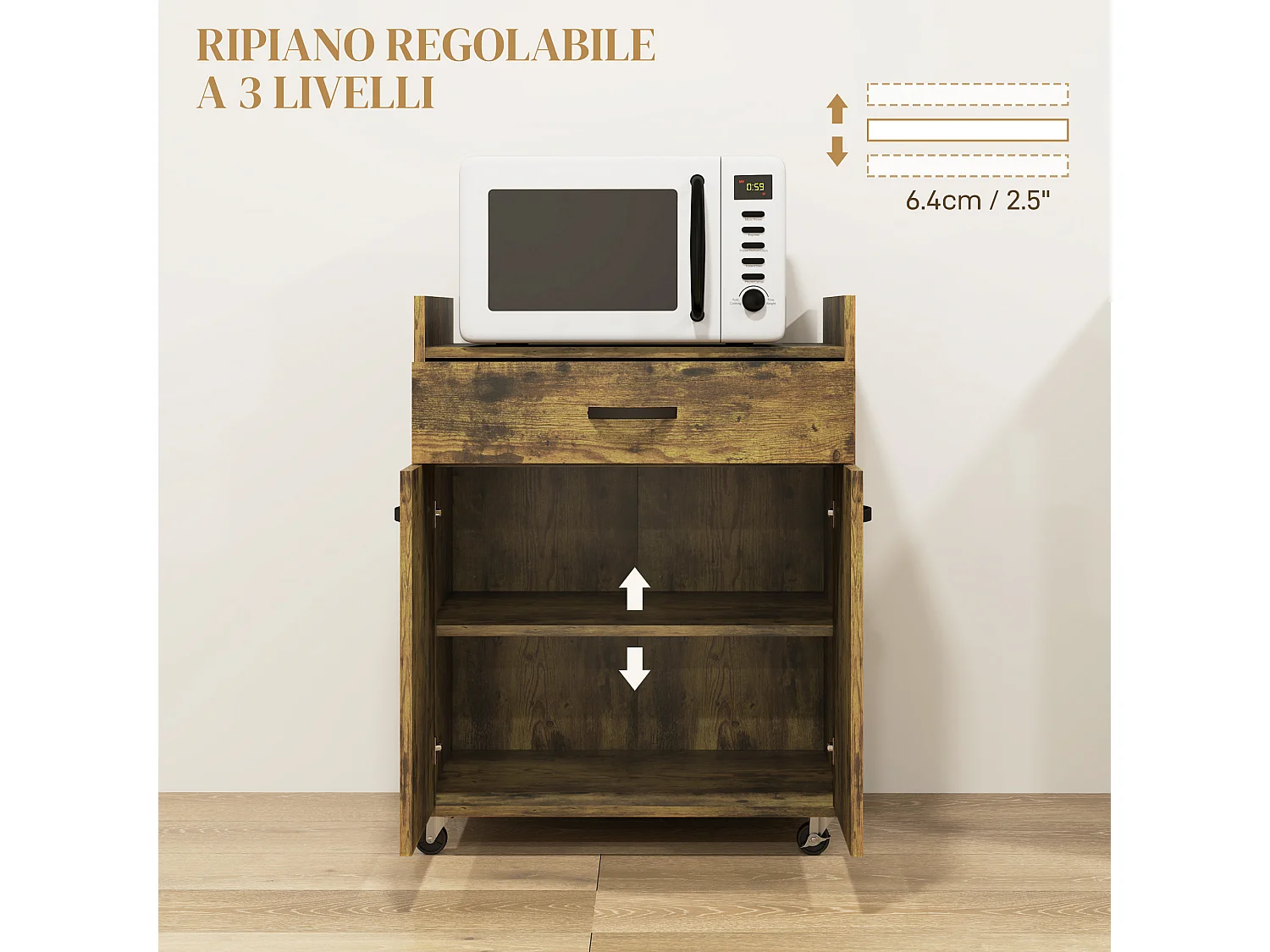 Carrello da cucina con cassetto e armadietto in legno marrone rustico