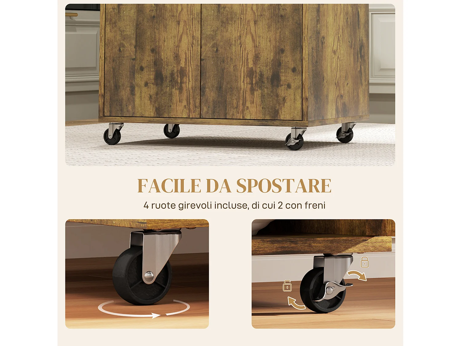 Carrello da cucina con cassetto e armadietto in legno marrone rustico