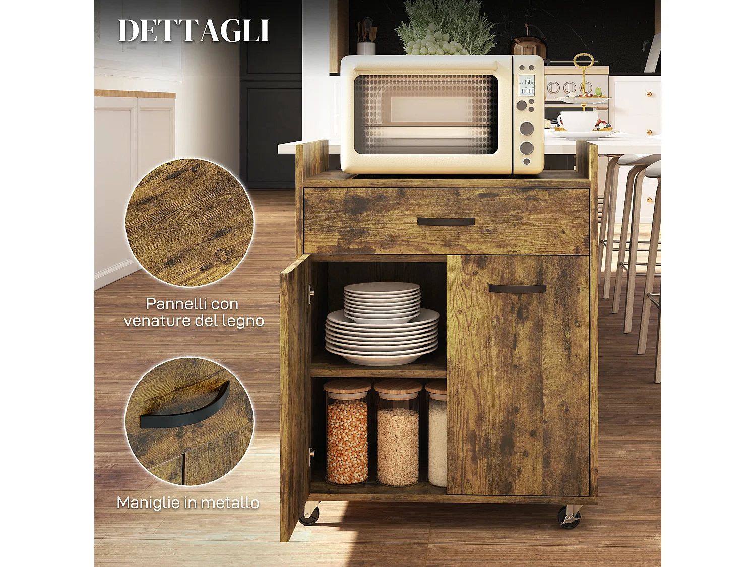 Carrello da cucina con cassetto e armadietto in legno marrone rustico