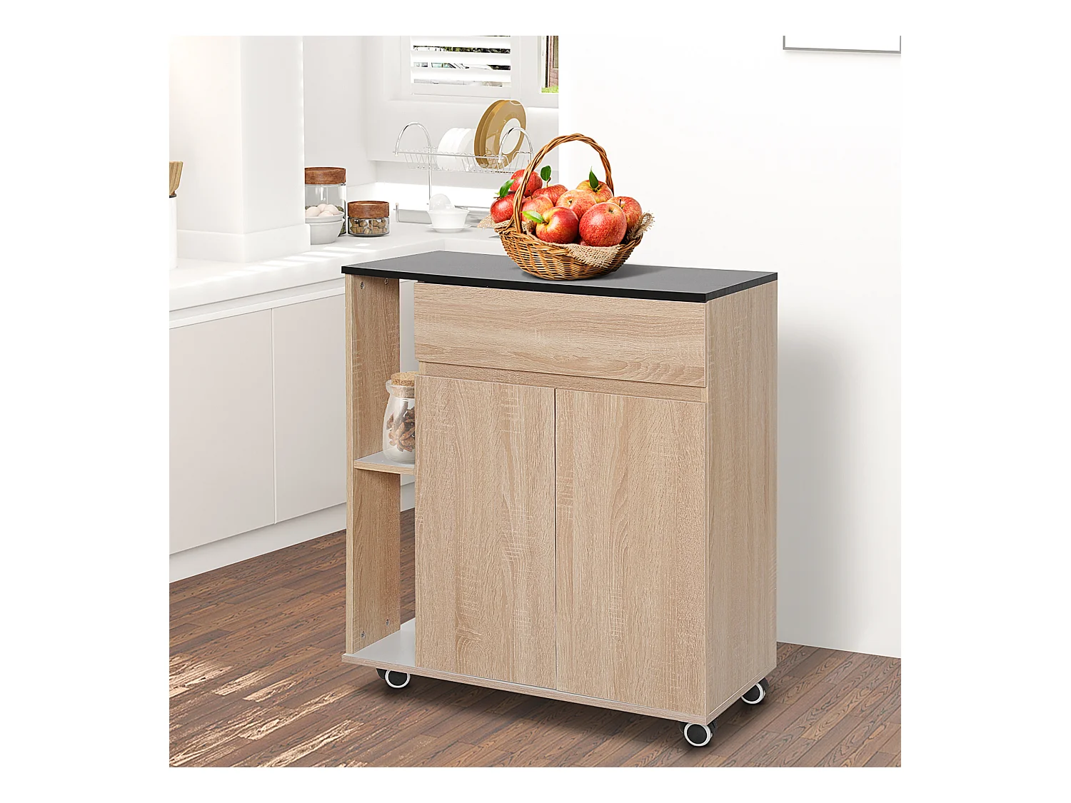 Carrello da cucina con ruote e cassetti legno truciolato rovere nero