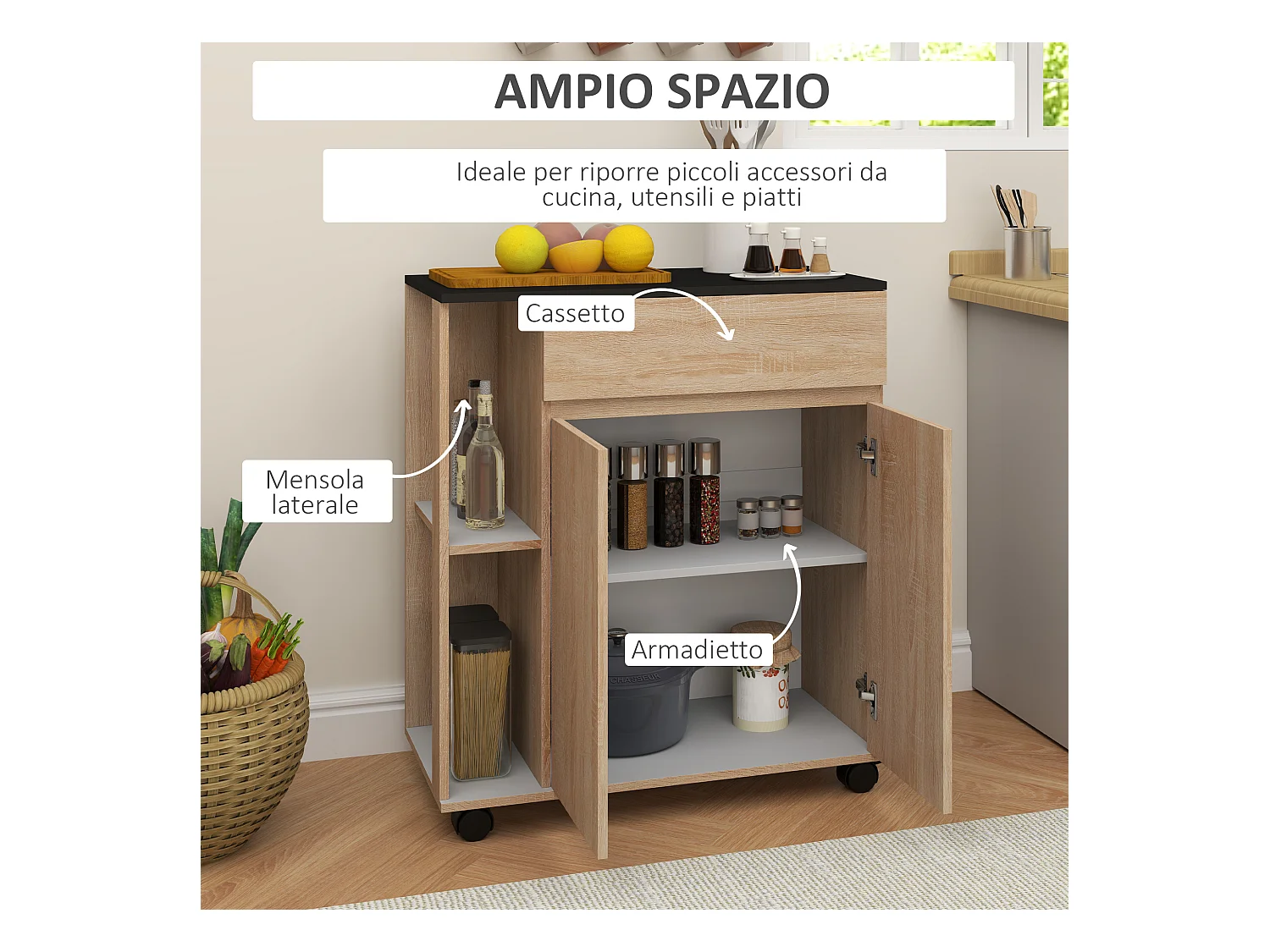 Carrello da cucina con ruote e cassetti legno truciolato rovere nero