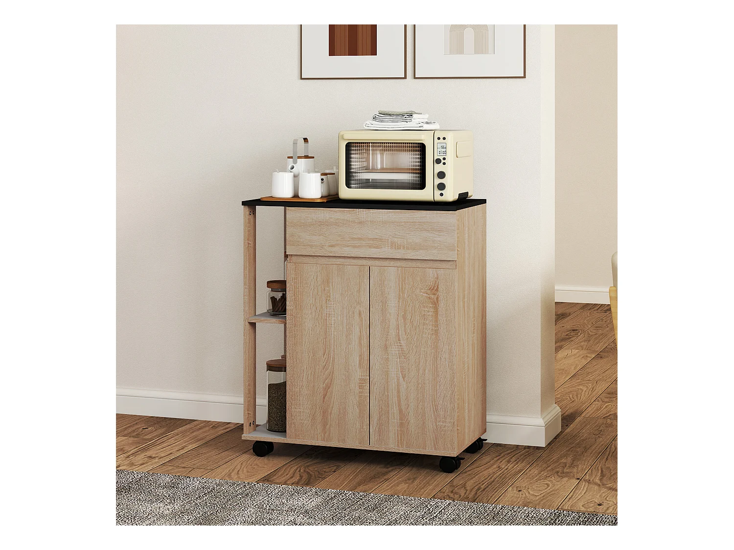 Carrello da cucina con ruote e cassetti legno truciolato rovere nero