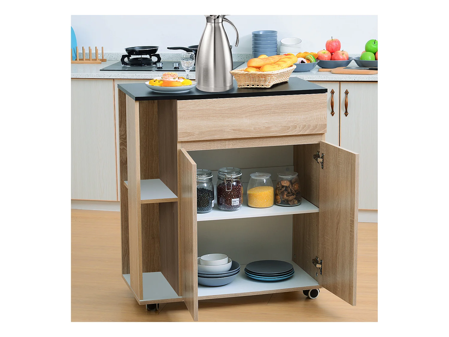 Carrello da cucina con ruote e cassetti legno truciolato rovere nero