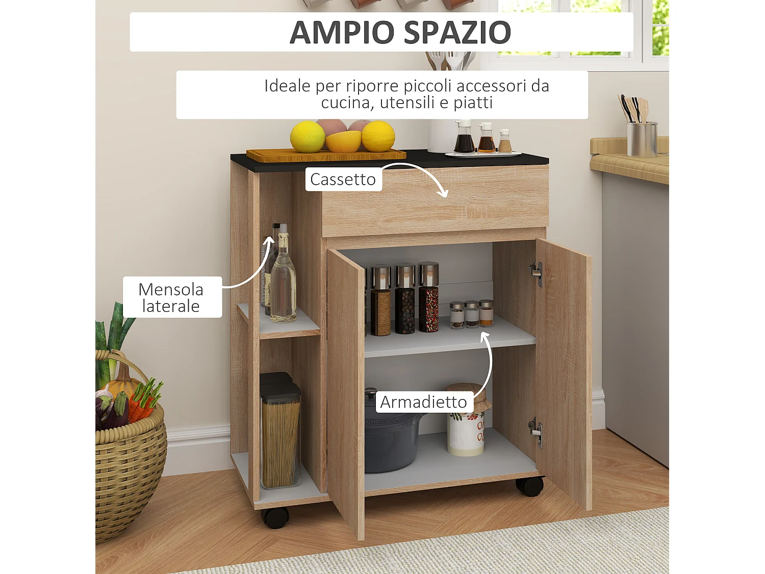 Carrello da cucina con ruote e cassetti legno truciolato rovere nero