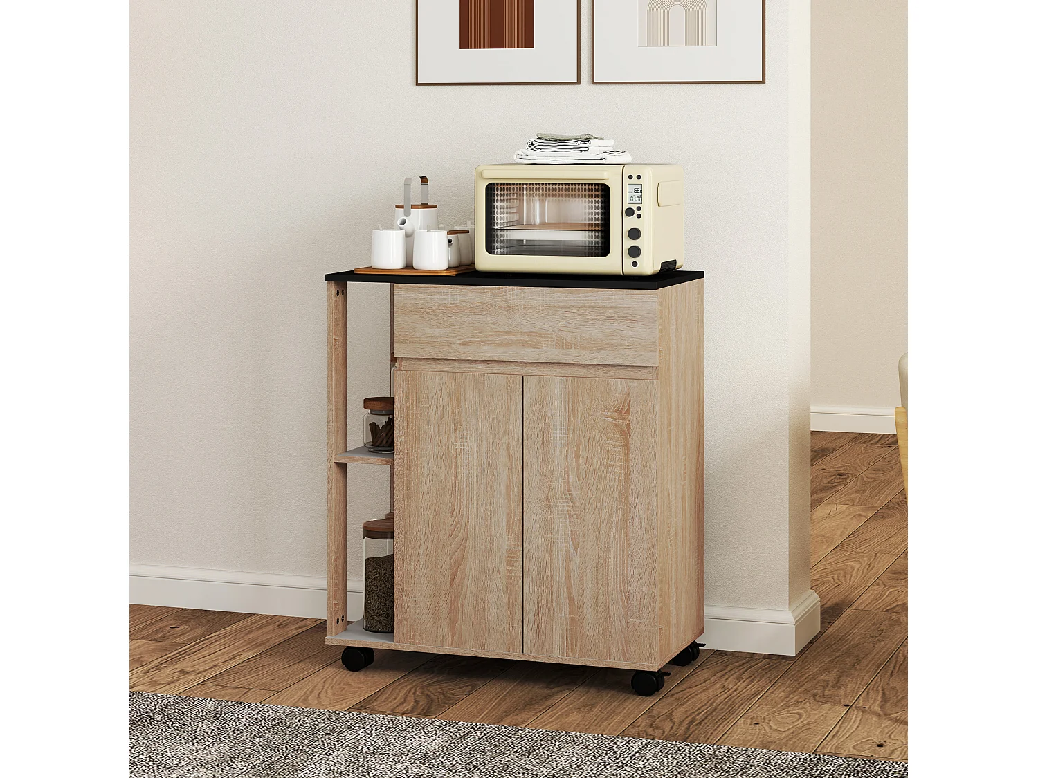 Carrello da cucina con ruote e cassetti legno truciolato rovere nero