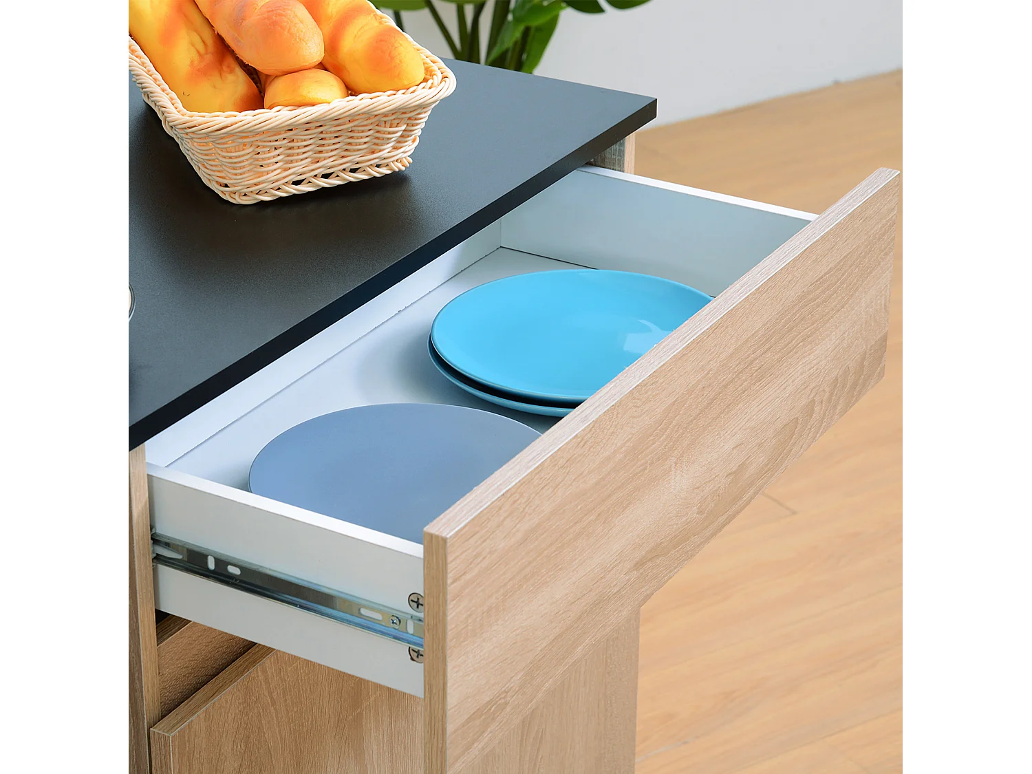 Carrello da cucina con ruote e cassetti legno truciolato rovere nero