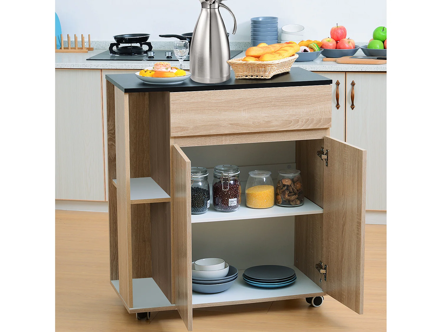 Carrello da cucina con ruote e cassetti legno truciolato rovere nero