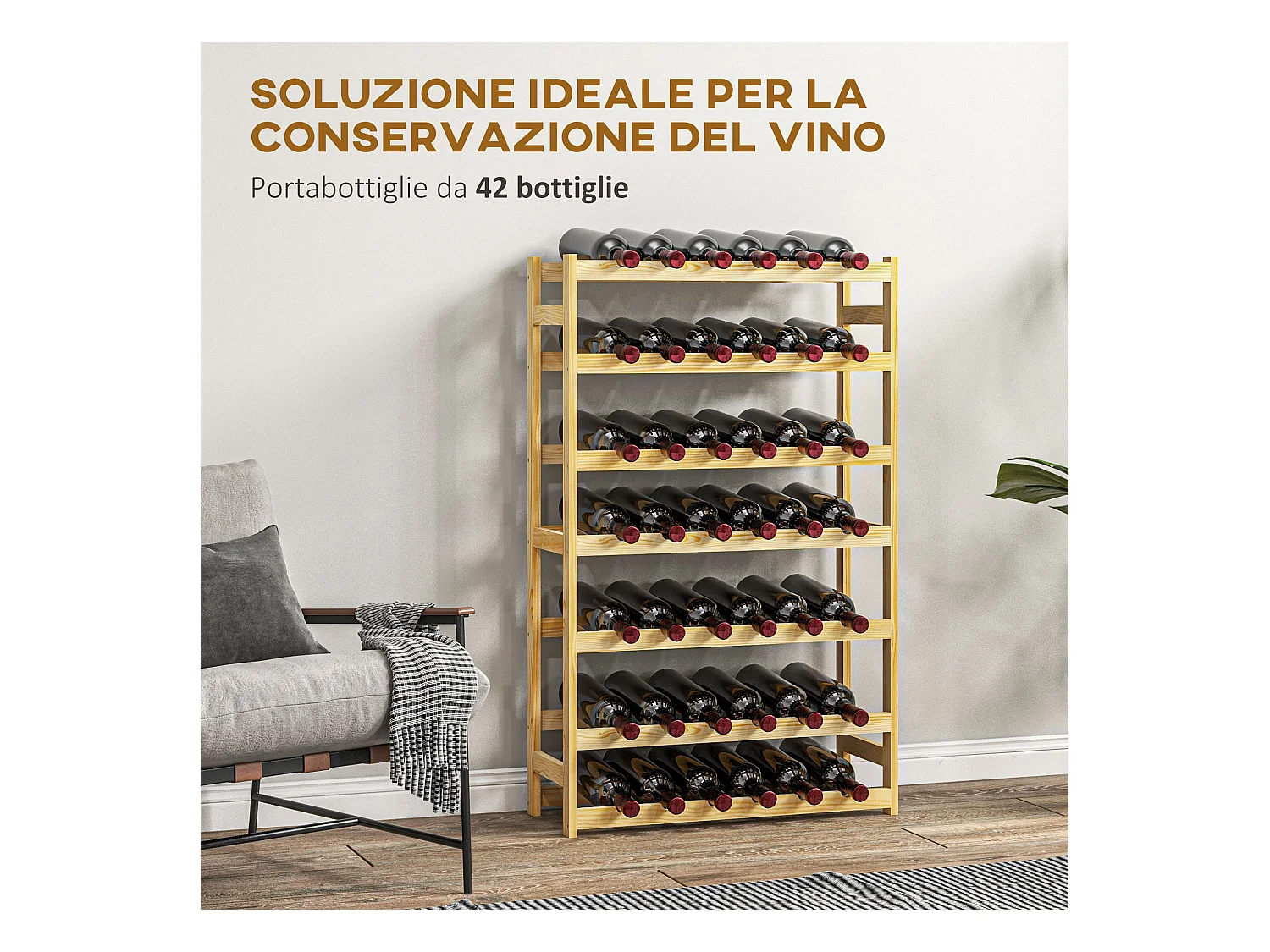 Scaffale portabottiglie a 7 livelli per 42 bottiglie in legno di pino