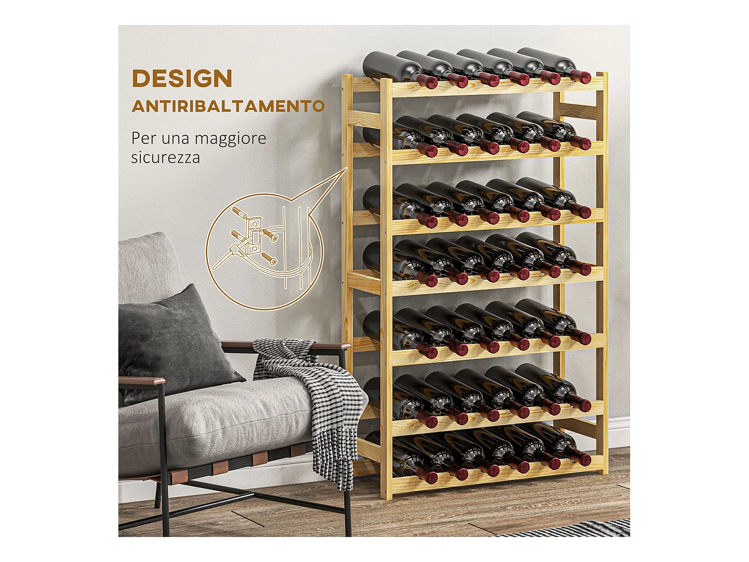 Scaffale portabottiglie a 7 livelli per 42 bottiglie in legno di pino