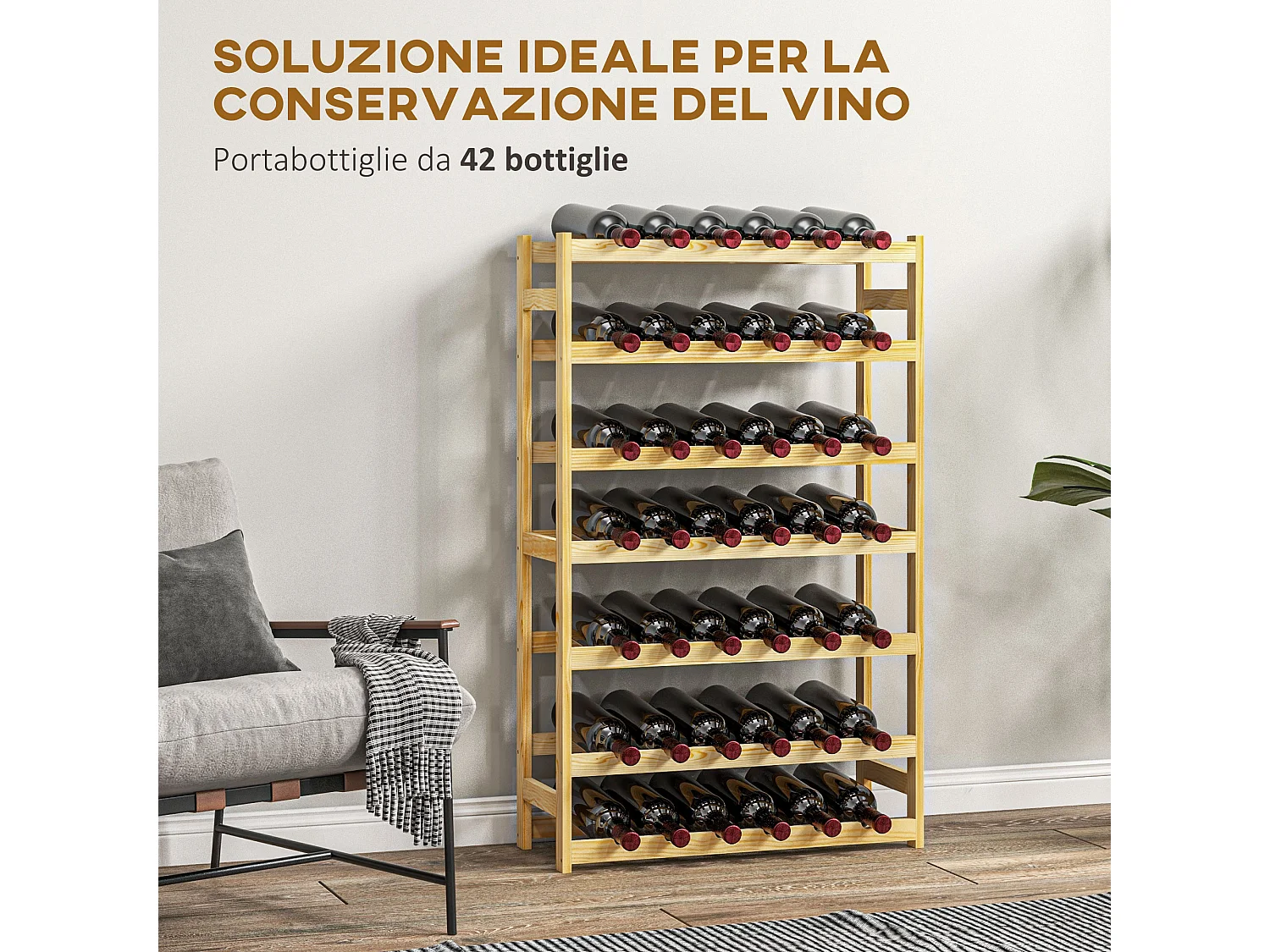 Scaffale portabottiglie a 7 livelli per 42 bottiglie in legno di pino
