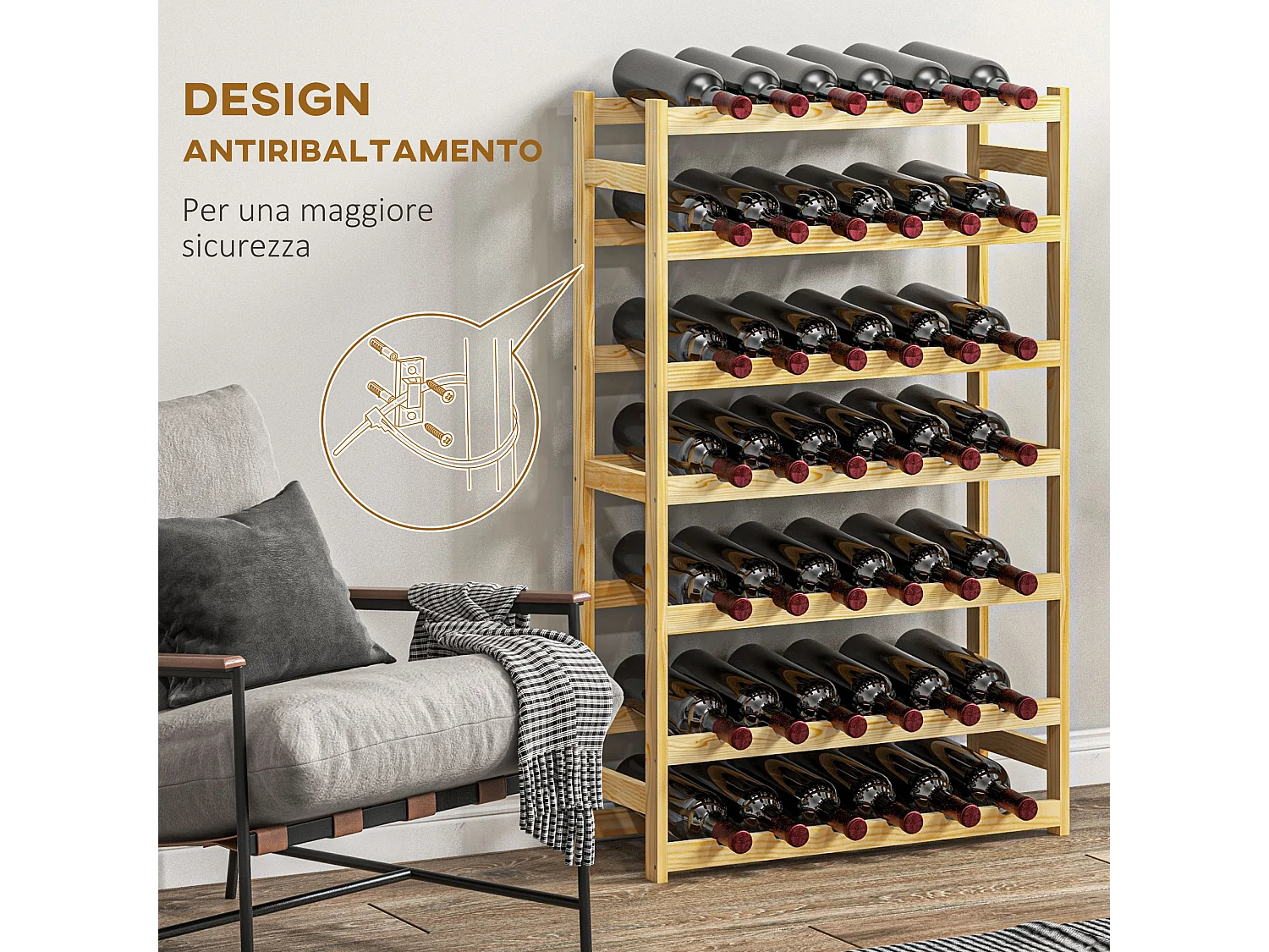 Scaffale portabottiglie a 7 livelli per 42 bottiglie in legno di pino