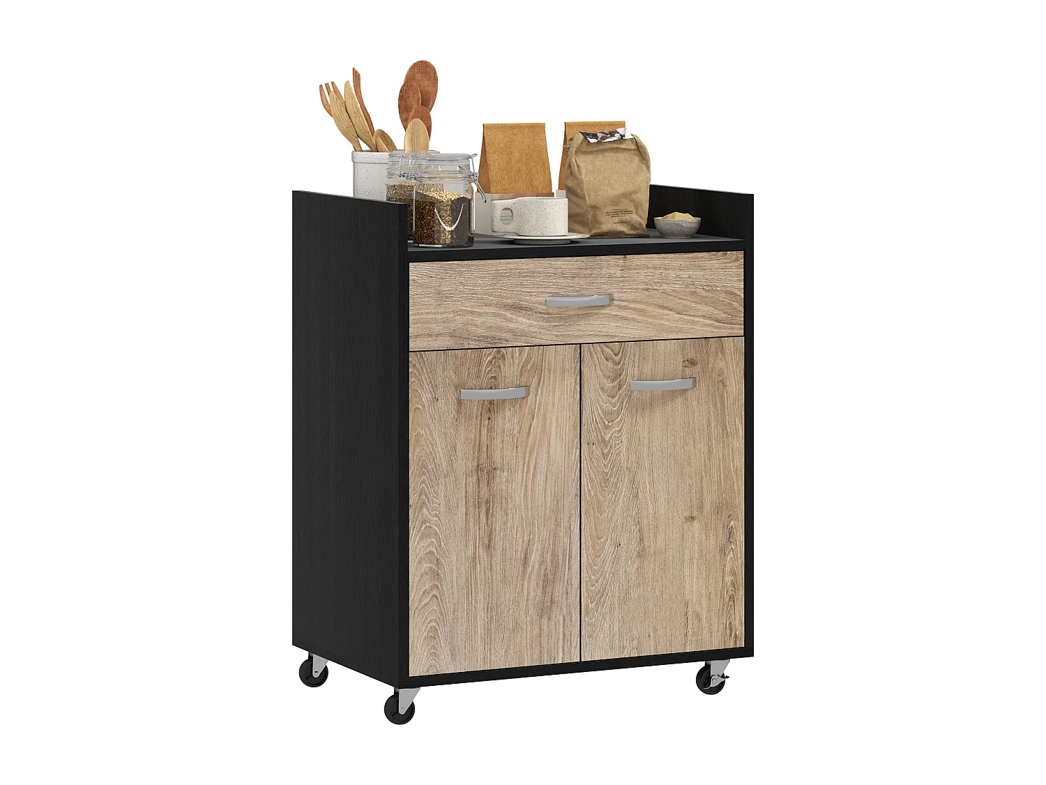 Carrello da cucina con cassetto e armadietto in legno nero e grigio