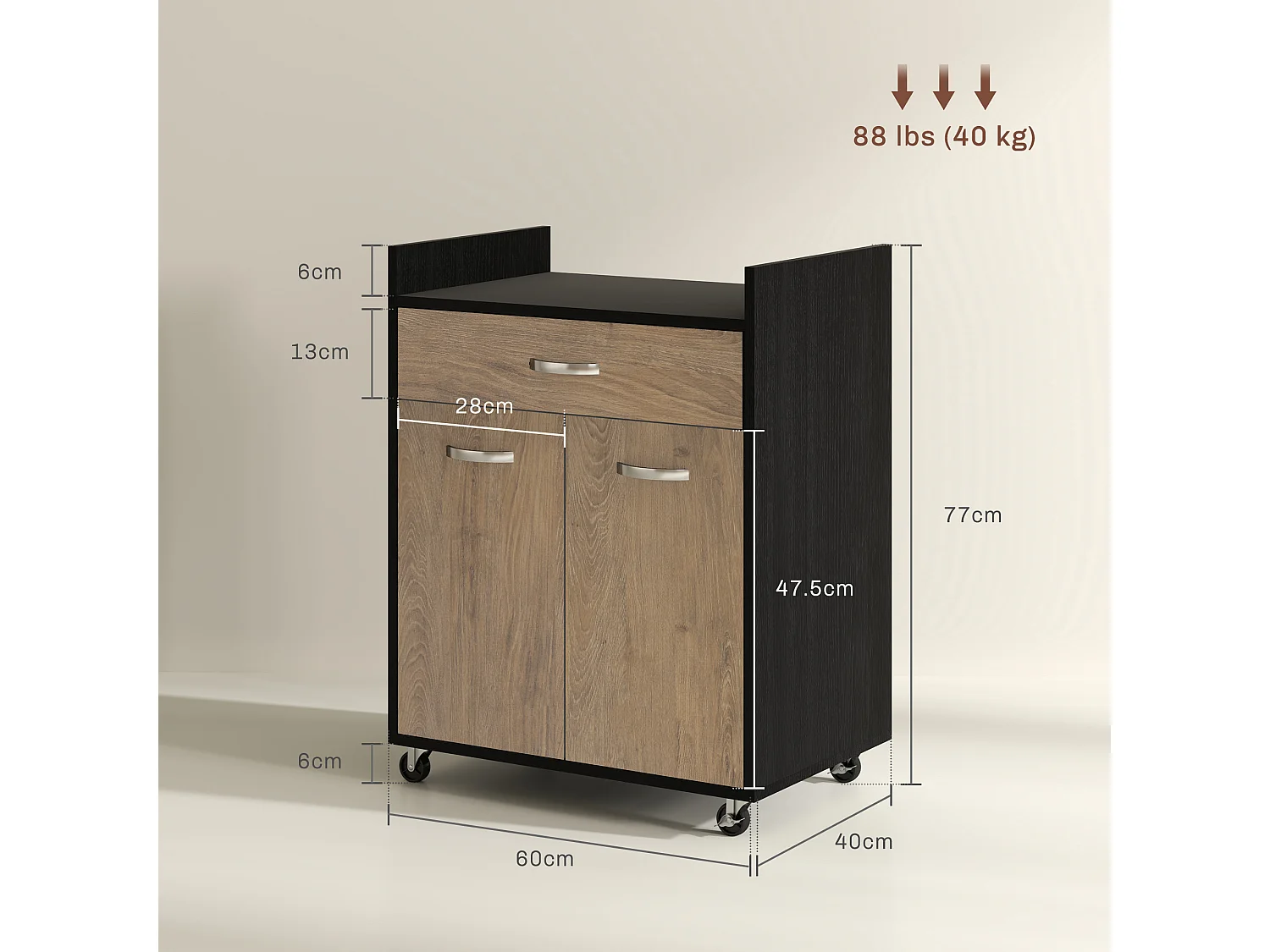 Carrello da cucina con cassetto e armadietto in legno nero e grigio