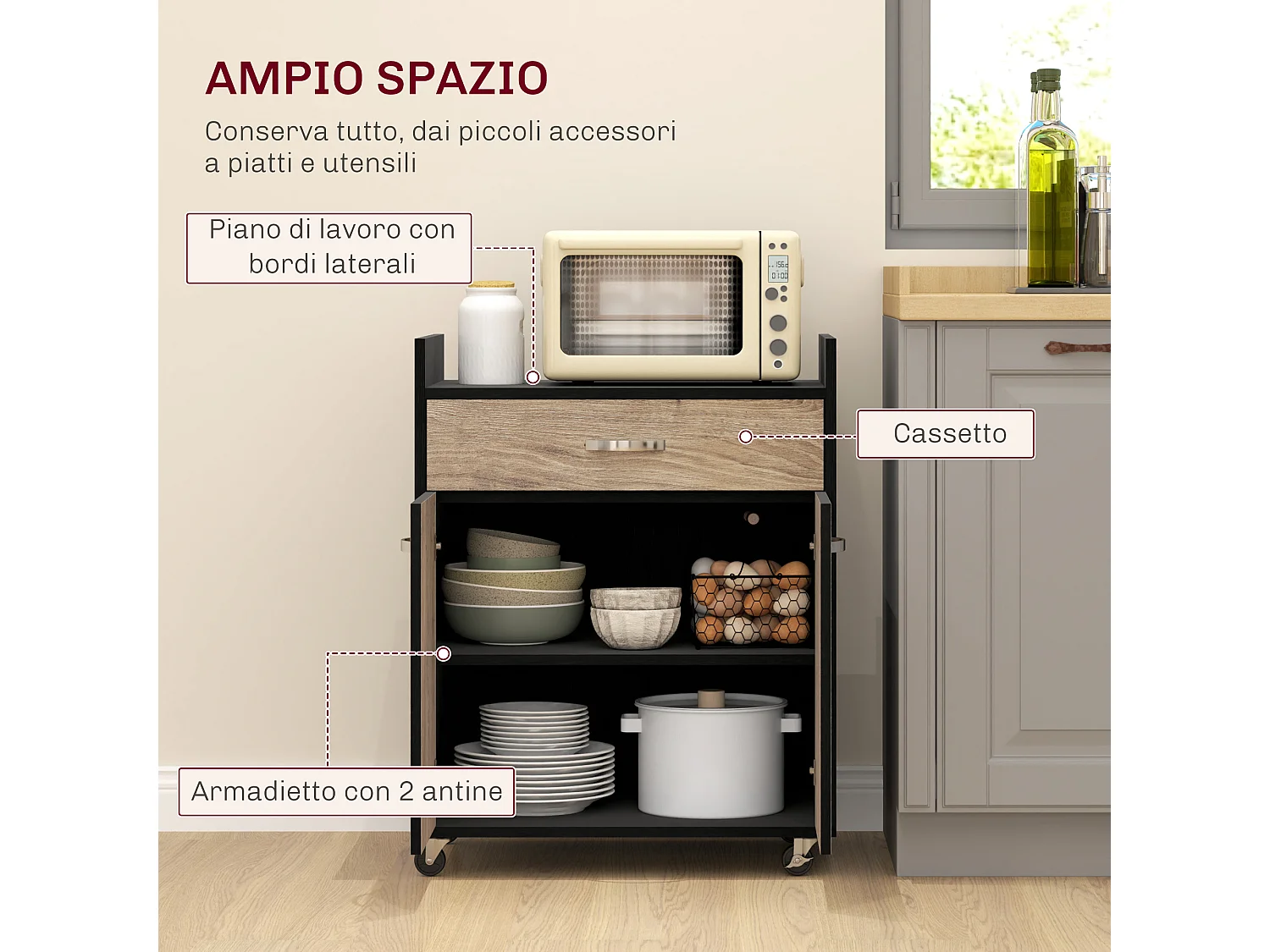 Carrello da cucina con cassetto e armadietto in legno nero e grigio