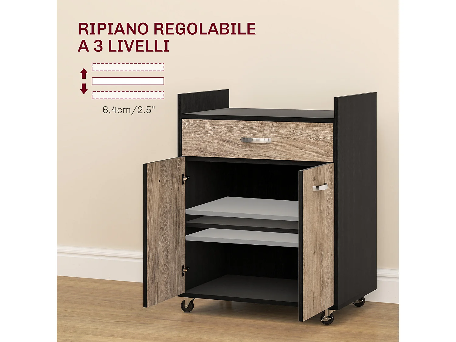 Carrello da cucina con cassetto e armadietto in legno nero e grigio