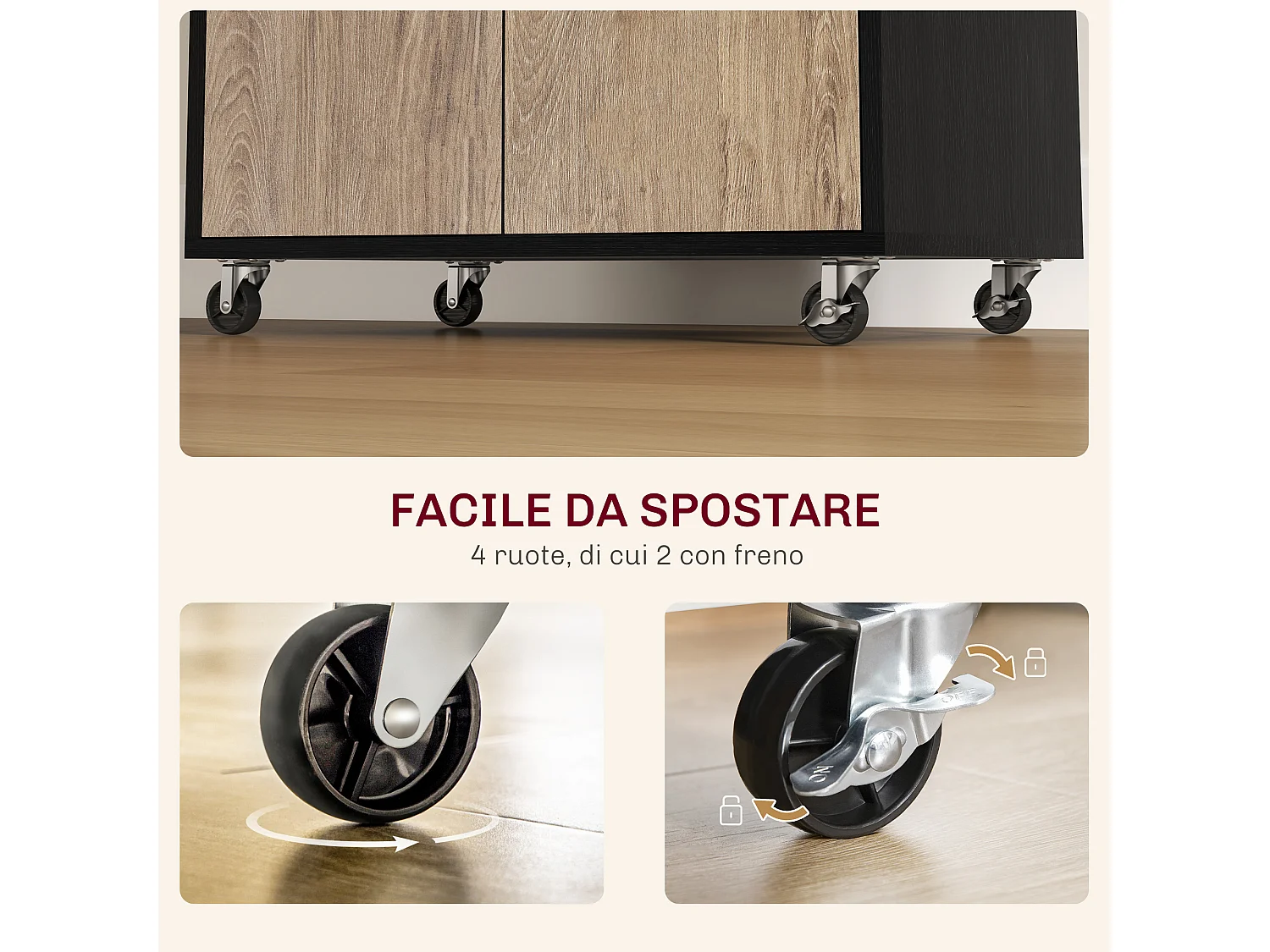Carrello da cucina con cassetto e armadietto in legno nero e grigio