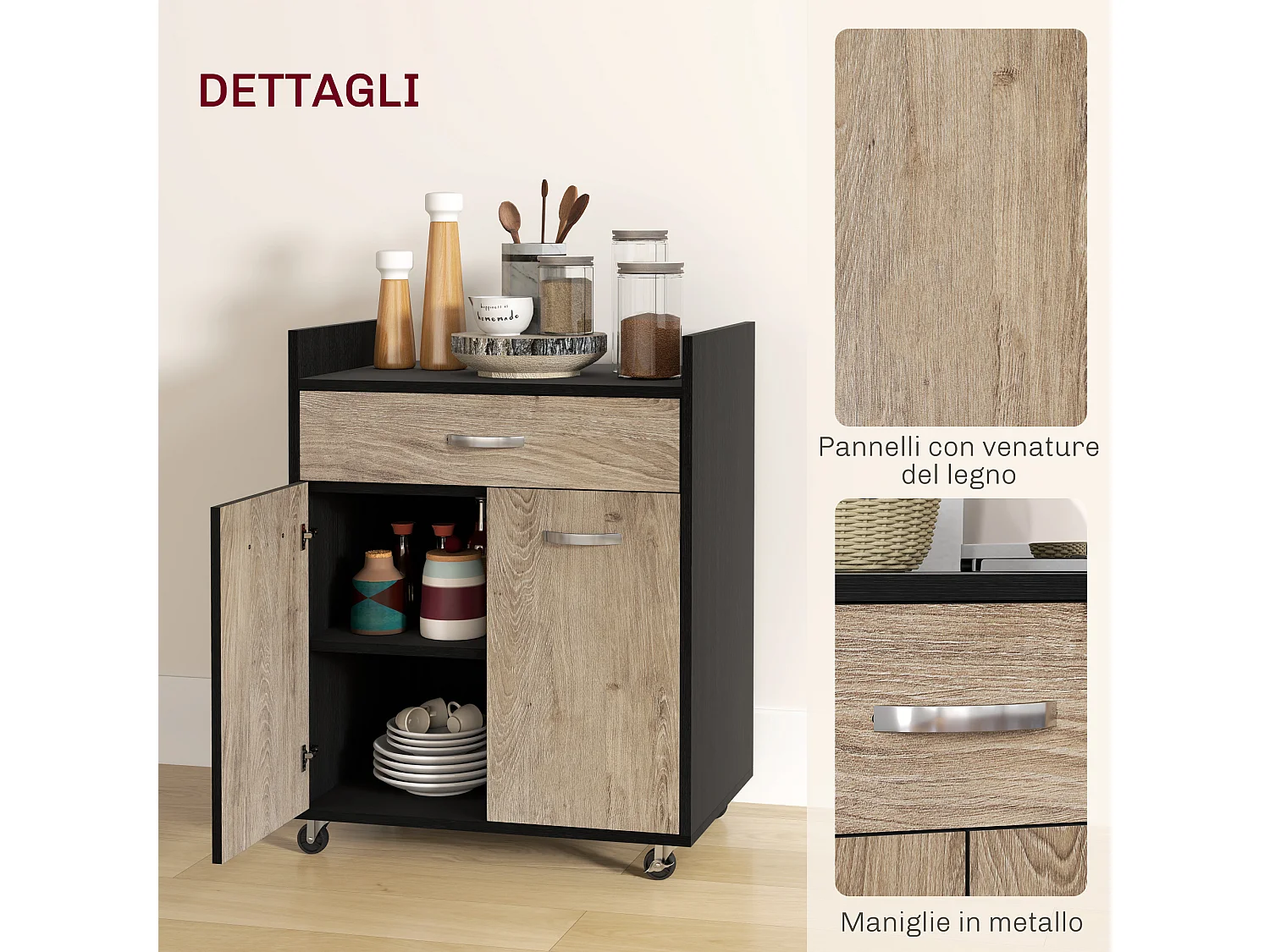 Carrello da cucina con cassetto e armadietto in legno nero e grigio