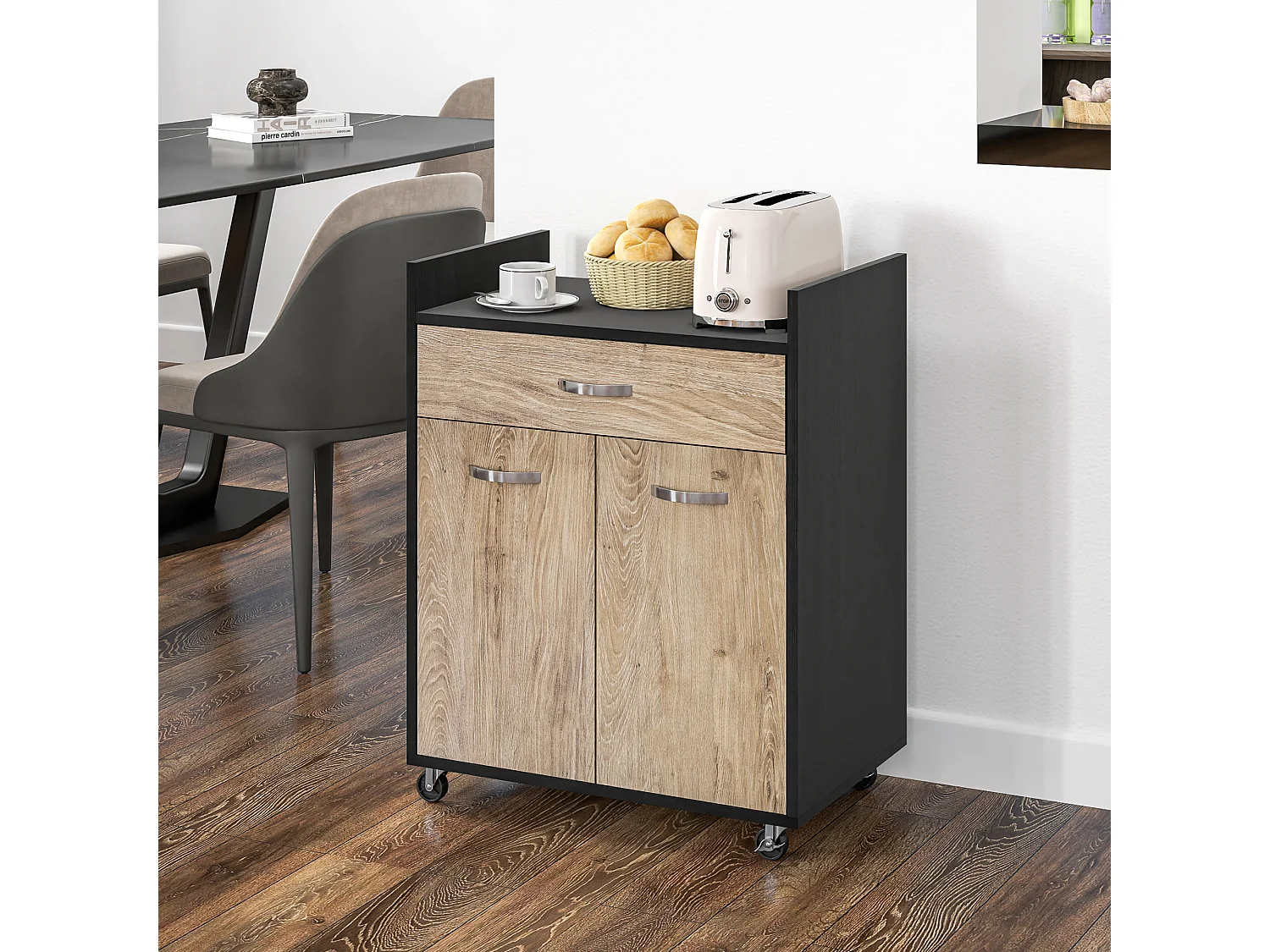 Carrello da cucina con cassetto e armadietto in legno nero e grigio