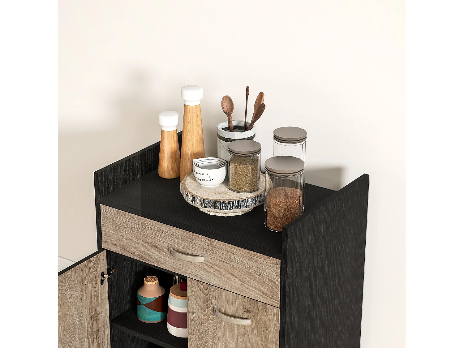 Carrello da cucina con cassetto e armadietto in legno nero e grigio