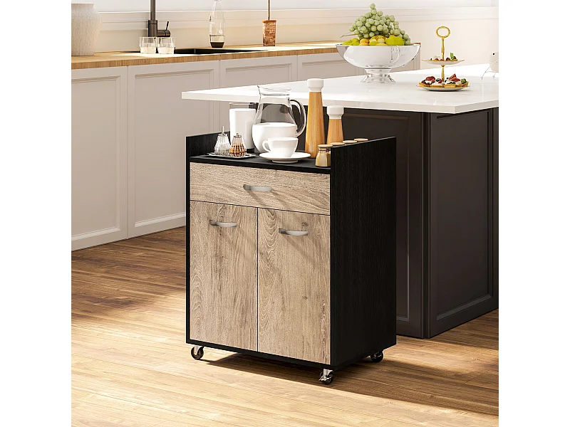 Carrello da cucina con cassetto e armadietto in legno nero e grigio