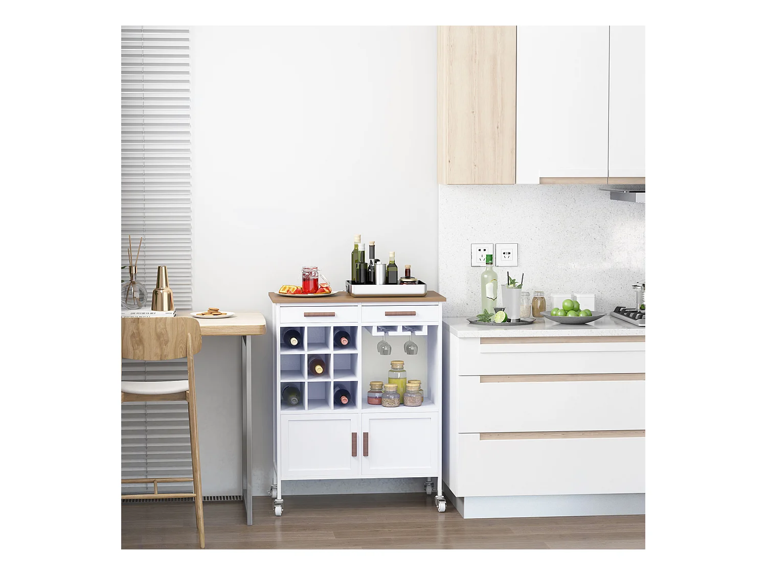 Mobiletto da cucina con portabottiglie porta bicchieri bambù bianco