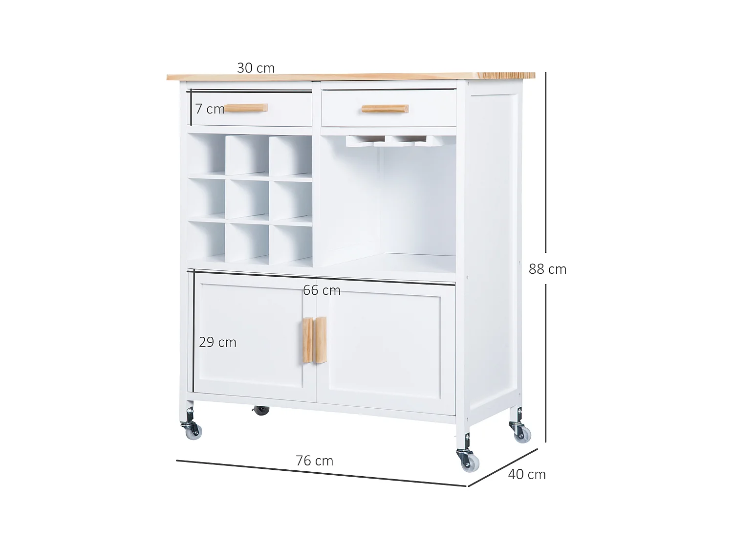 Mobiletto da cucina con portabottiglie porta bicchieri bambù bianco