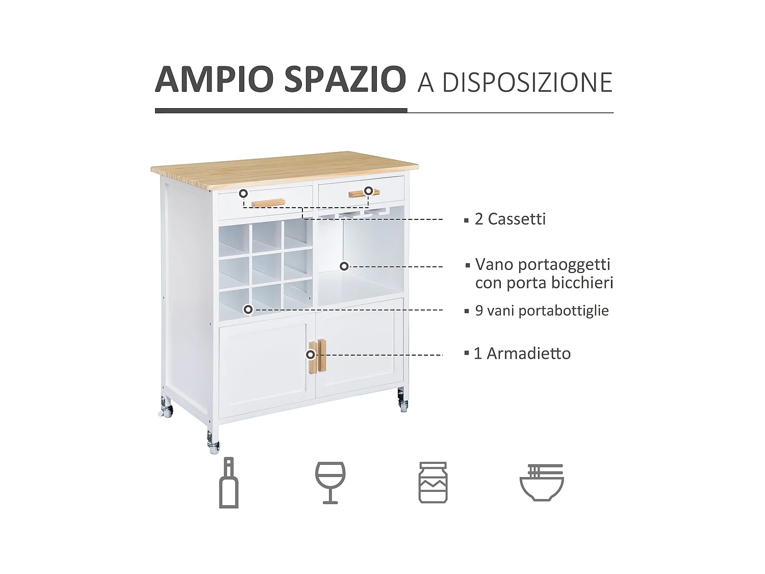 Mobiletto da cucina con portabottiglie porta bicchieri bambù bianco