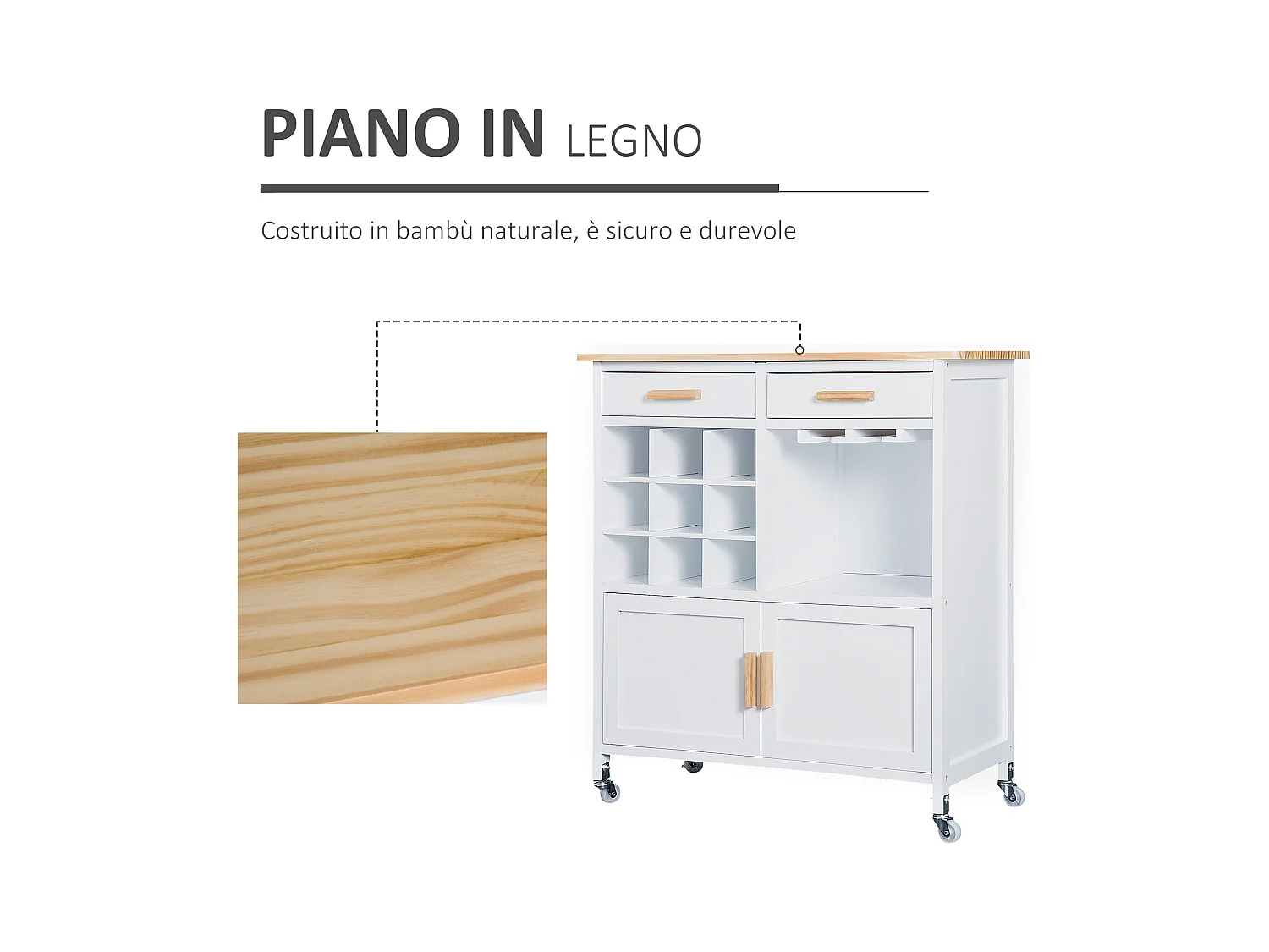 Mobiletto da cucina con portabottiglie porta bicchieri bambù bianco