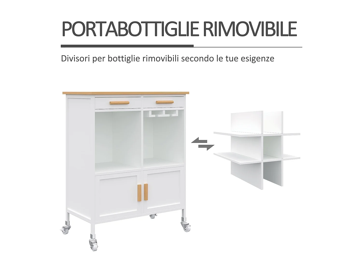 Mobiletto da cucina con portabottiglie porta bicchieri bambù bianco