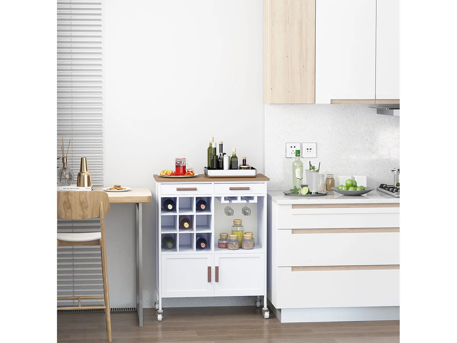 Mobiletto da cucina con portabottiglie porta bicchieri bambù bianco