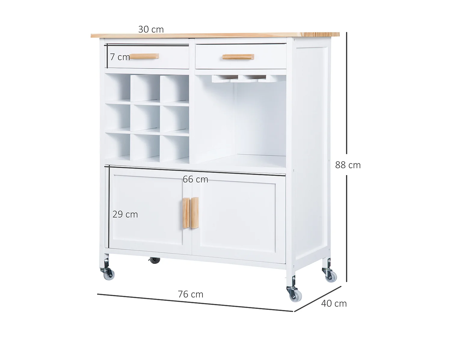 Mobiletto da cucina con portabottiglie porta bicchieri bambù bianco