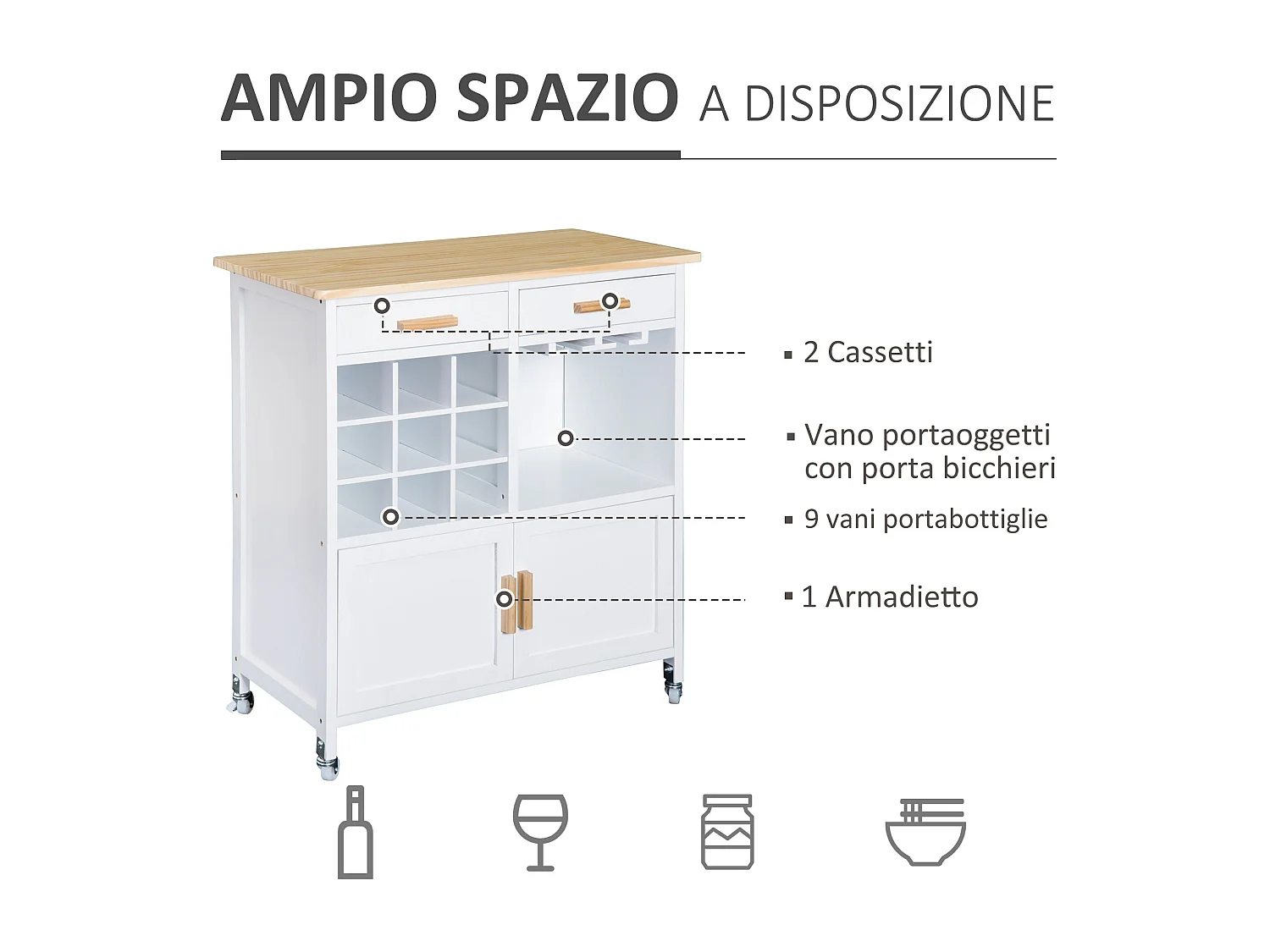 Mobiletto da cucina con portabottiglie porta bicchieri bambù bianco