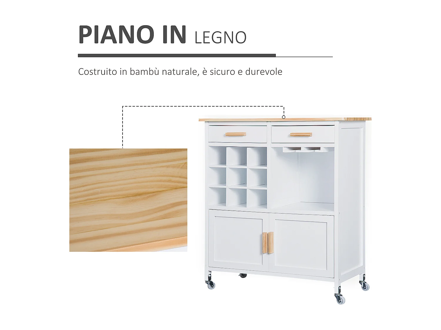 Mobiletto da cucina con portabottiglie porta bicchieri bambù bianco