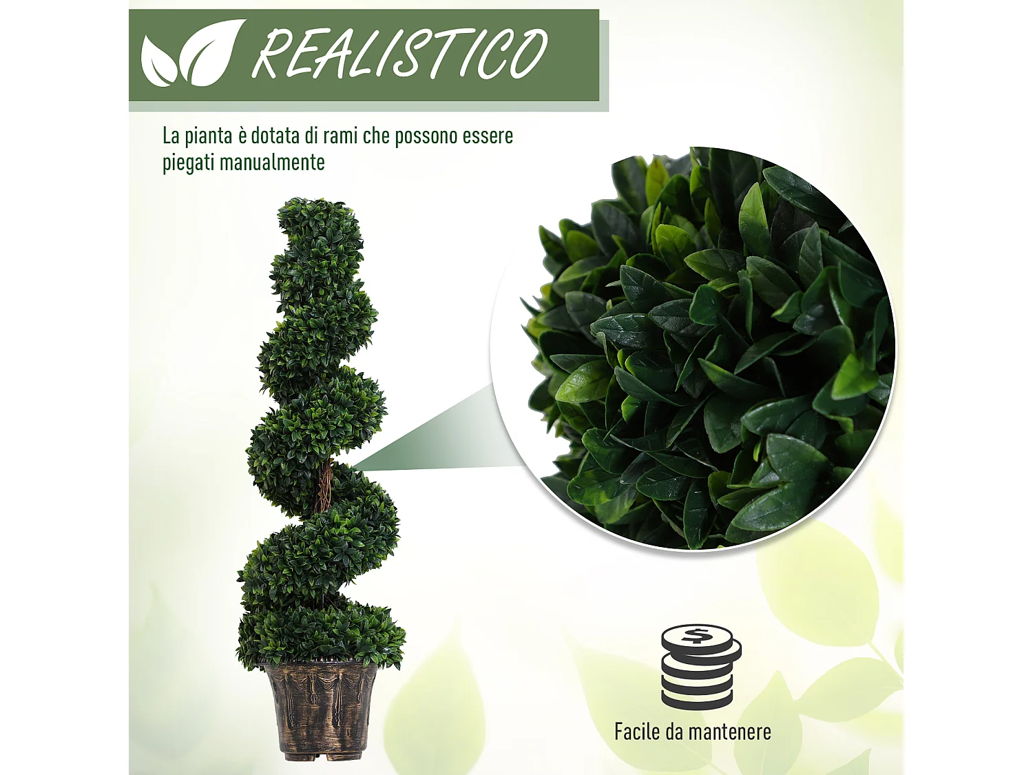 Pianta artificiale bosso a spirale con vaso in pe verde