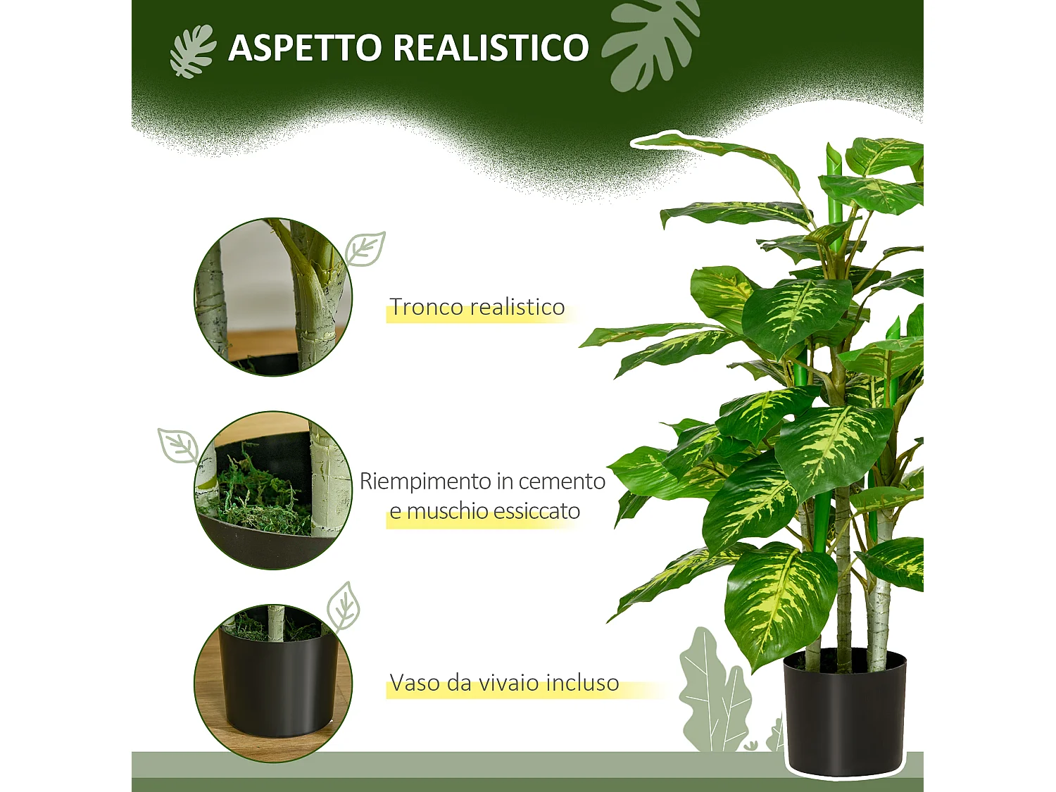 Pianta artificiale decorativa da interni e vaso nero