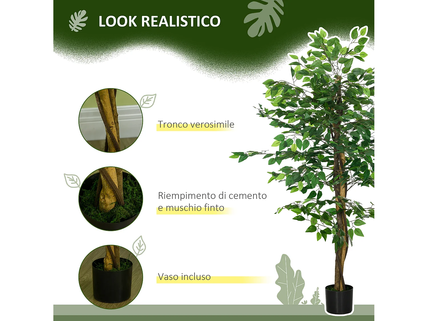 Pianta artificiale di ficus con vaso incluso per casa e giardino