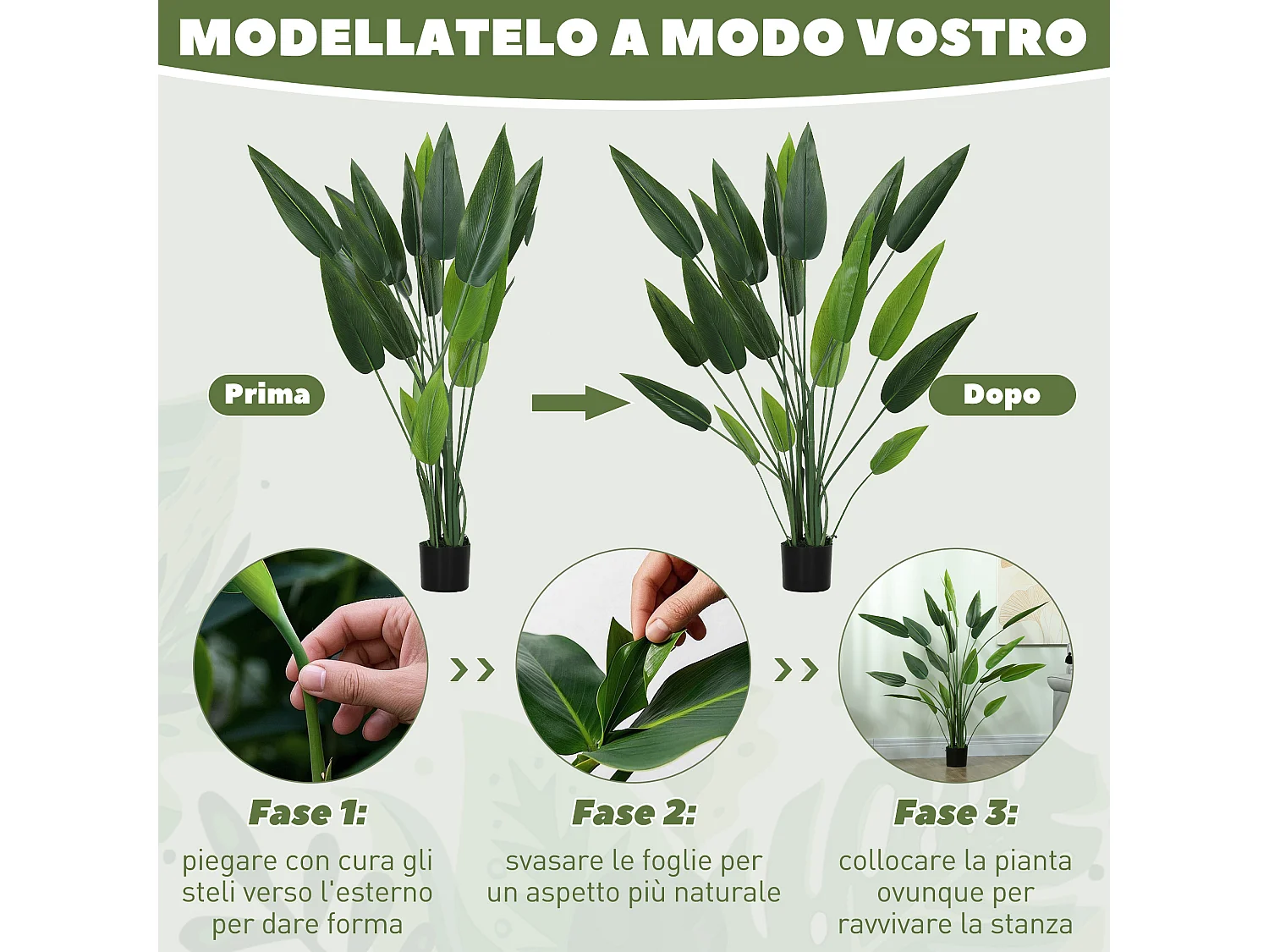 Pianta artificiale verde di uccello del paradiso da 20 foglie con vaso