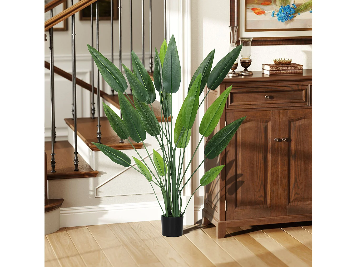 Pianta artificiale verde di uccello del paradiso da 20 foglie con vaso